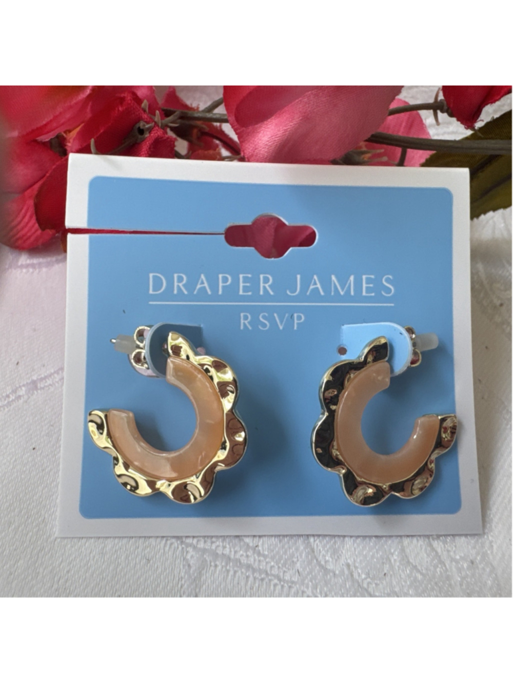 Draper James Dainty Scalloped Edge Hoop Dangle 1" Earrings Pink GoldTone NEW